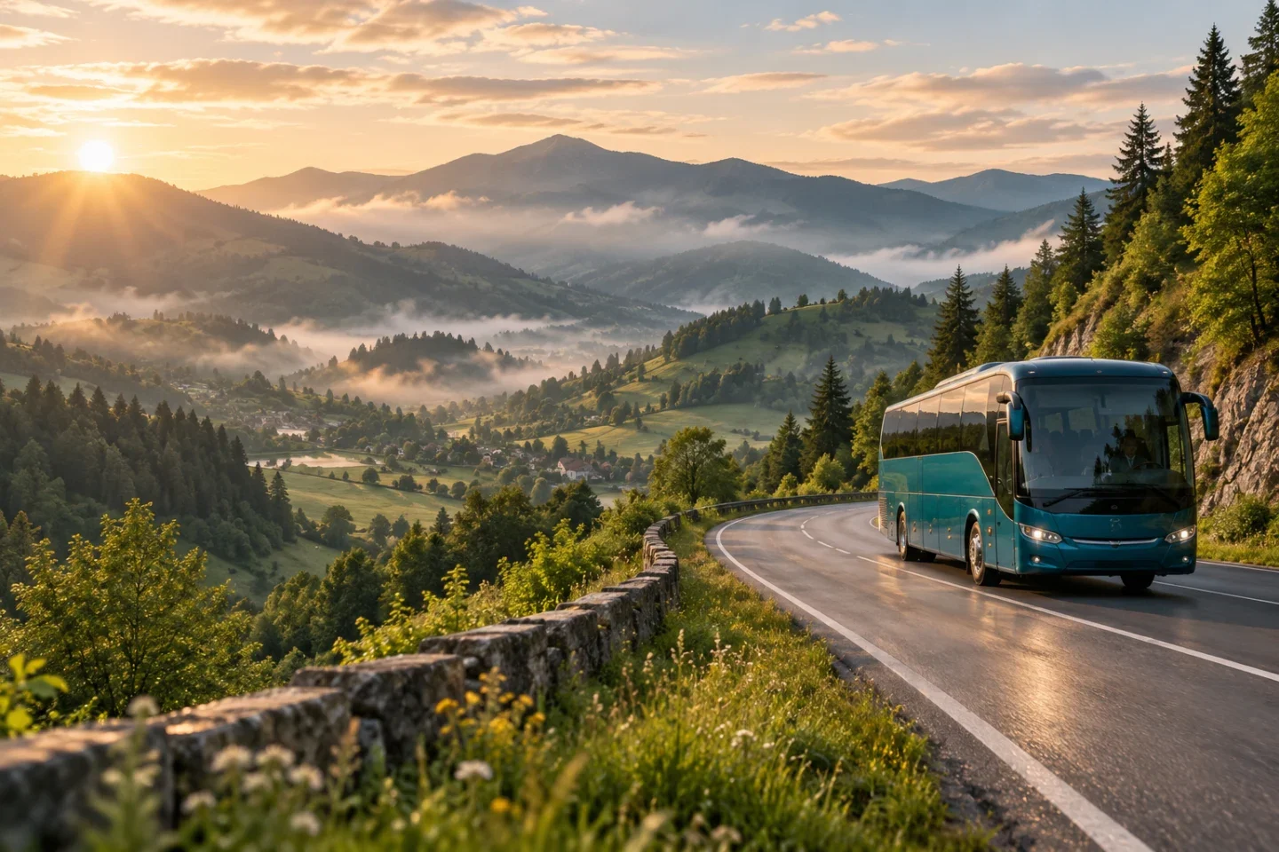 AI illustration: a touring coach on a winding road through green mountains