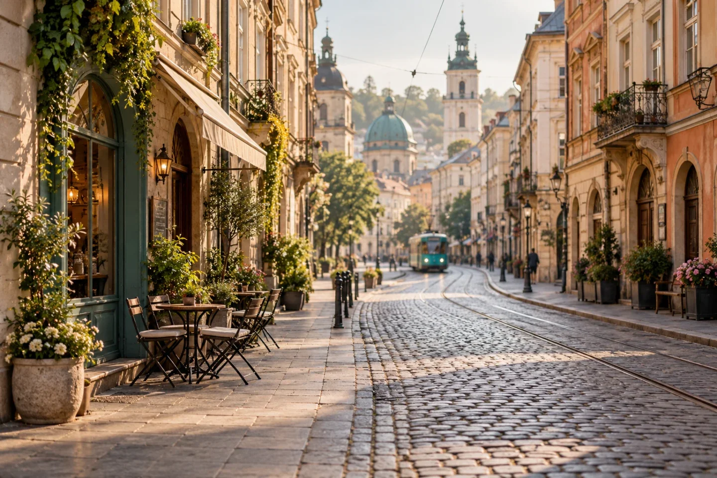 AI illustration: an imagined European street with pastel façades and cobblestones