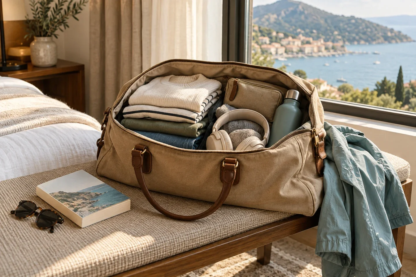 AI illustration: an open travel bag, clothing, a water bottle and headphones
