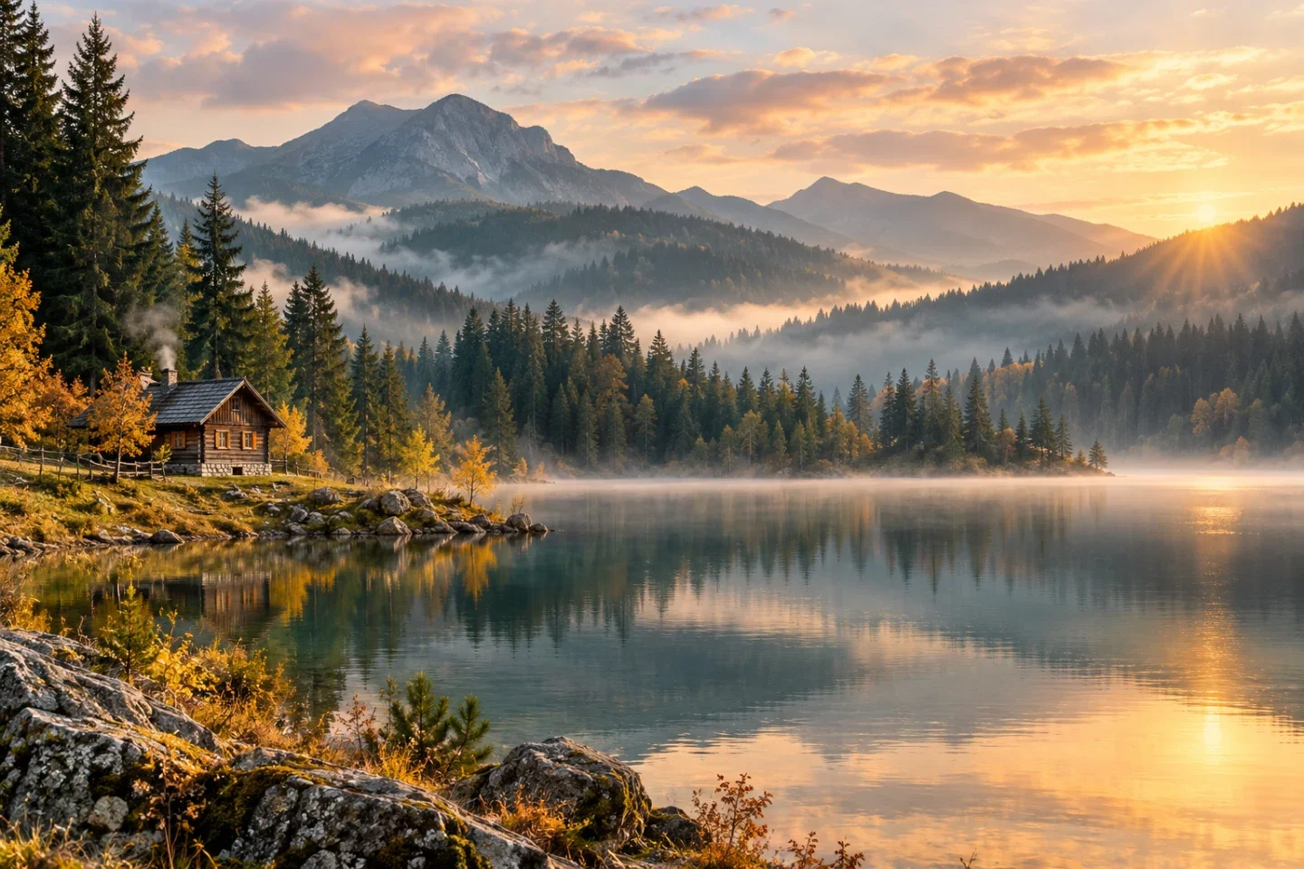 AI illustration: a mountain lake, pine forest and a small wooden cabin by the shore