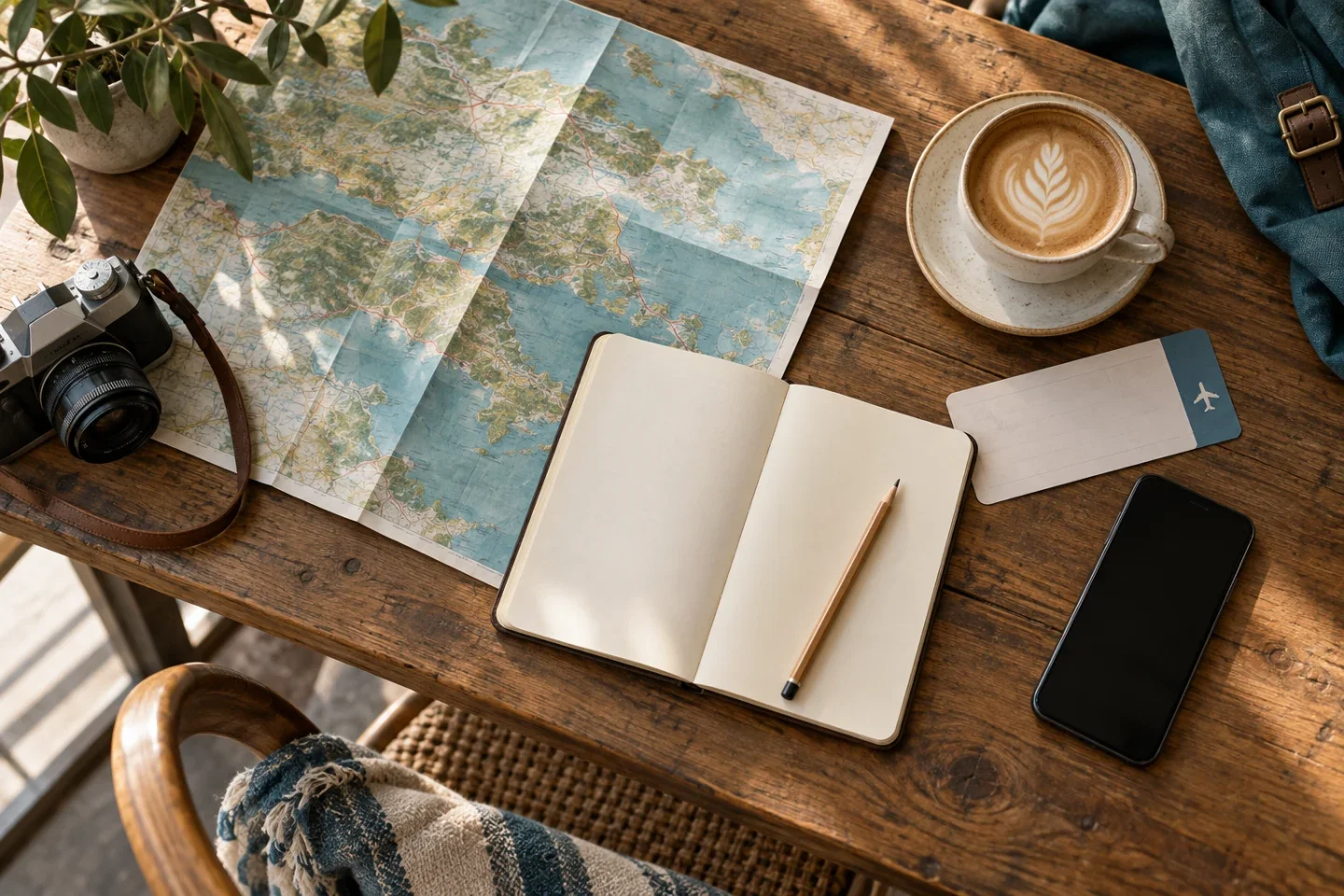 AI illustration: a map, notebook, coffee and phone on a travel planning table