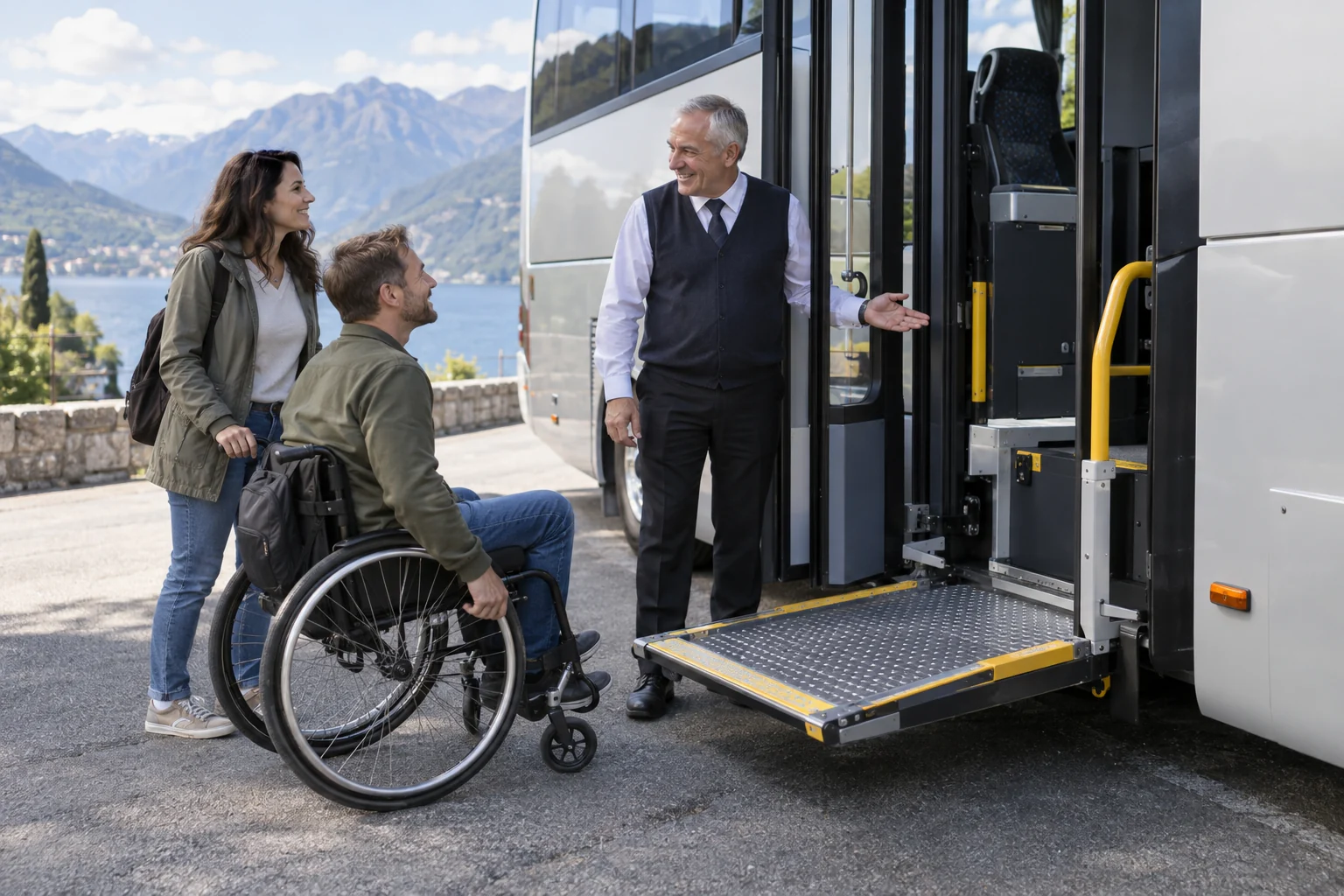 Mākslīgā intelekta ilustrācija: pasažieris ratiņkrēslā pie autobusa ar pacēlāju