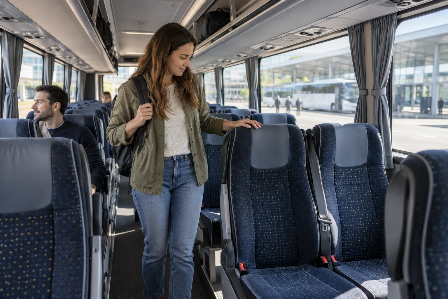 Mākslīgā intelekta ilustrācija: pasažieris autobusa ejā salīdzina sēdekļu izvietojumu