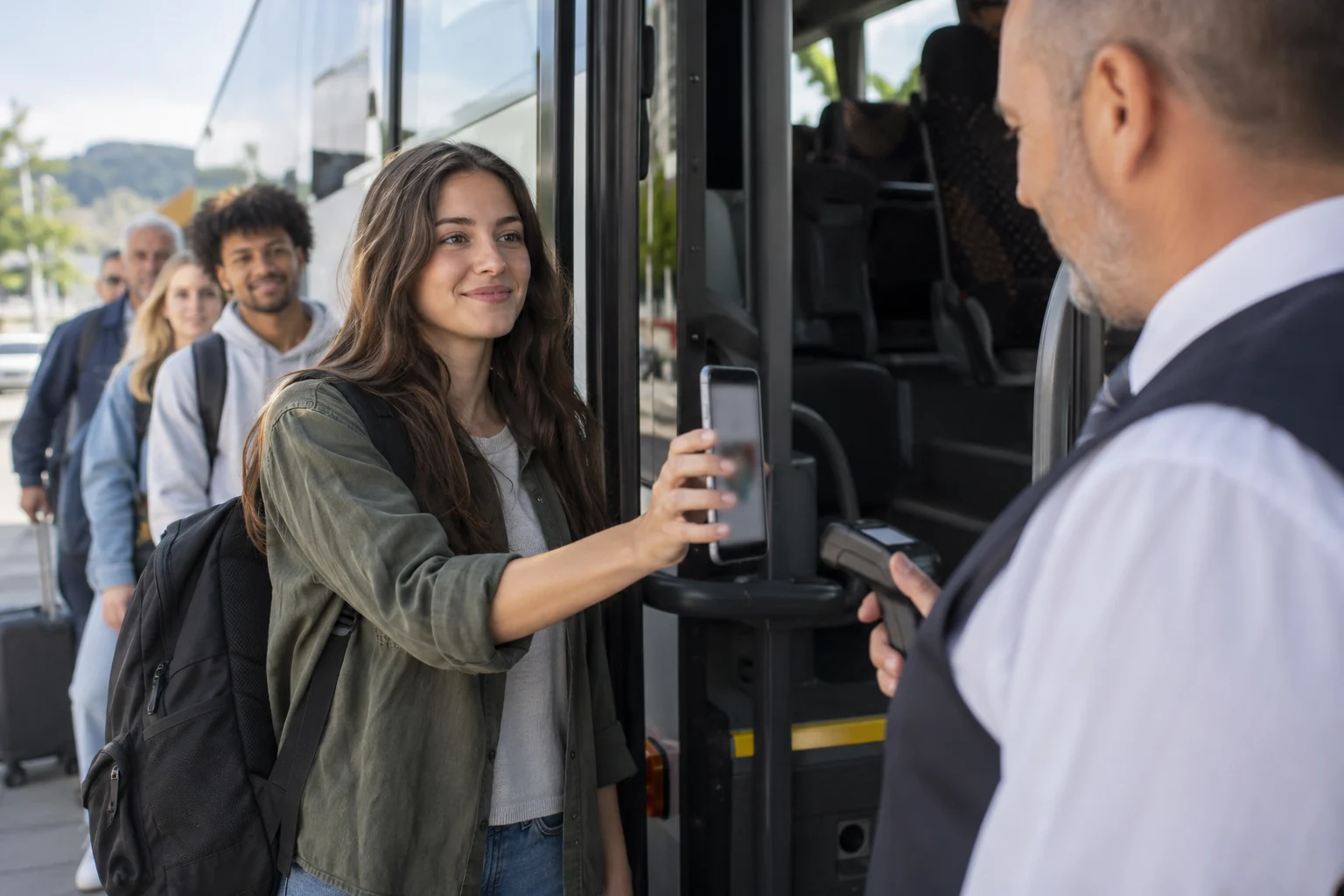 Mākslīgā intelekta ilustrācija: pasažieris pie autobusa durvīm rāda tālruņa ekrānu darbiniekam