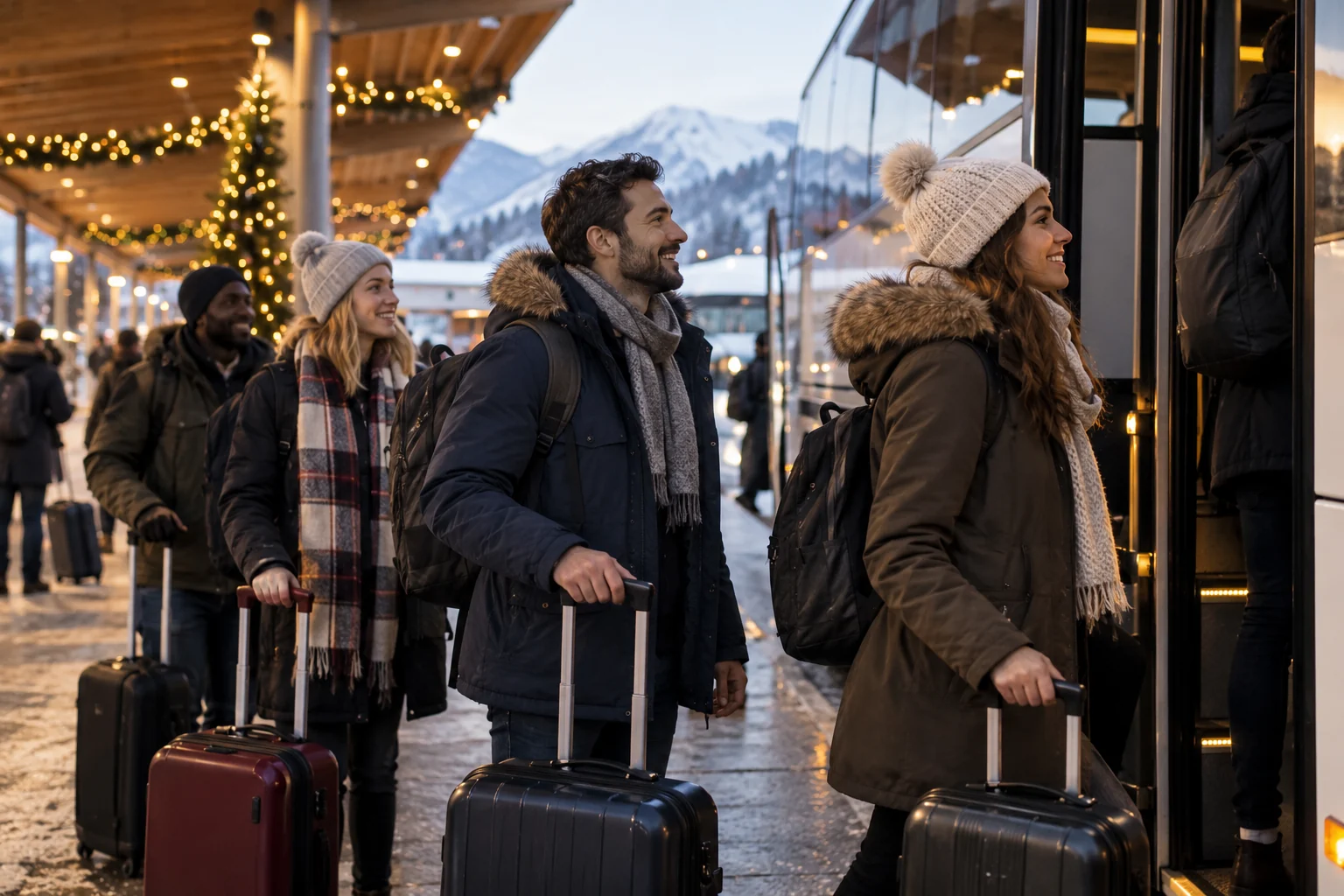Mākslīgā intelekta ilustrācija: ceļotāji ar koferiem iekāpj autobusā pie ziemas termināļa siltā apgaismojumā